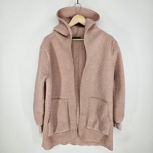 Zilcremo Womens Pink Sherpa Fleece Hooded Cardigan Jacket Open Front Medium M